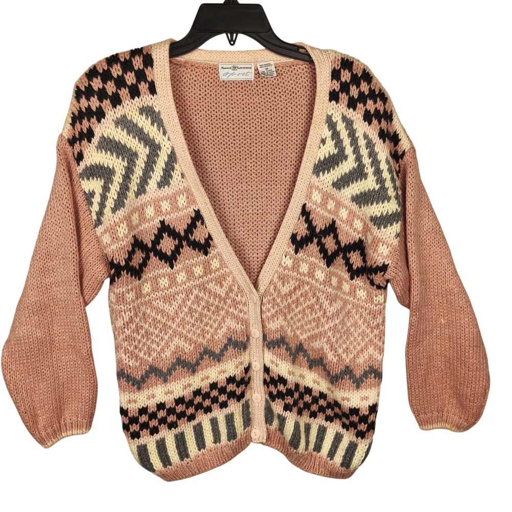 Vintage Maggie Lawrence Sport Pink Geometric Fair Isle Knit Cardigan Sweater M